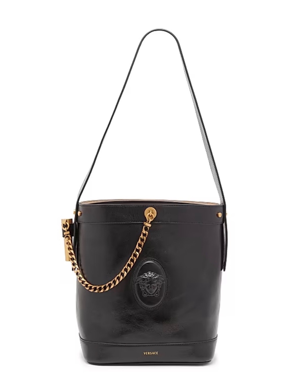 Versace Black Leather Bucket Shoulder Bag with Gold Chain Detail
